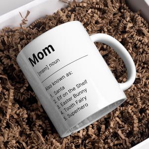 Aviza Custom Mom Definition Mug featuring a funny dictionary-style layout and a personalized photo option on a premium white ceramic base.