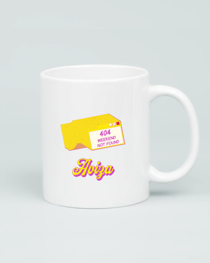 Back view of Aviza mug featuring a yellow stacked window graphic that reads '404 Weekend Not Found' in pink text with the Aviza logo.