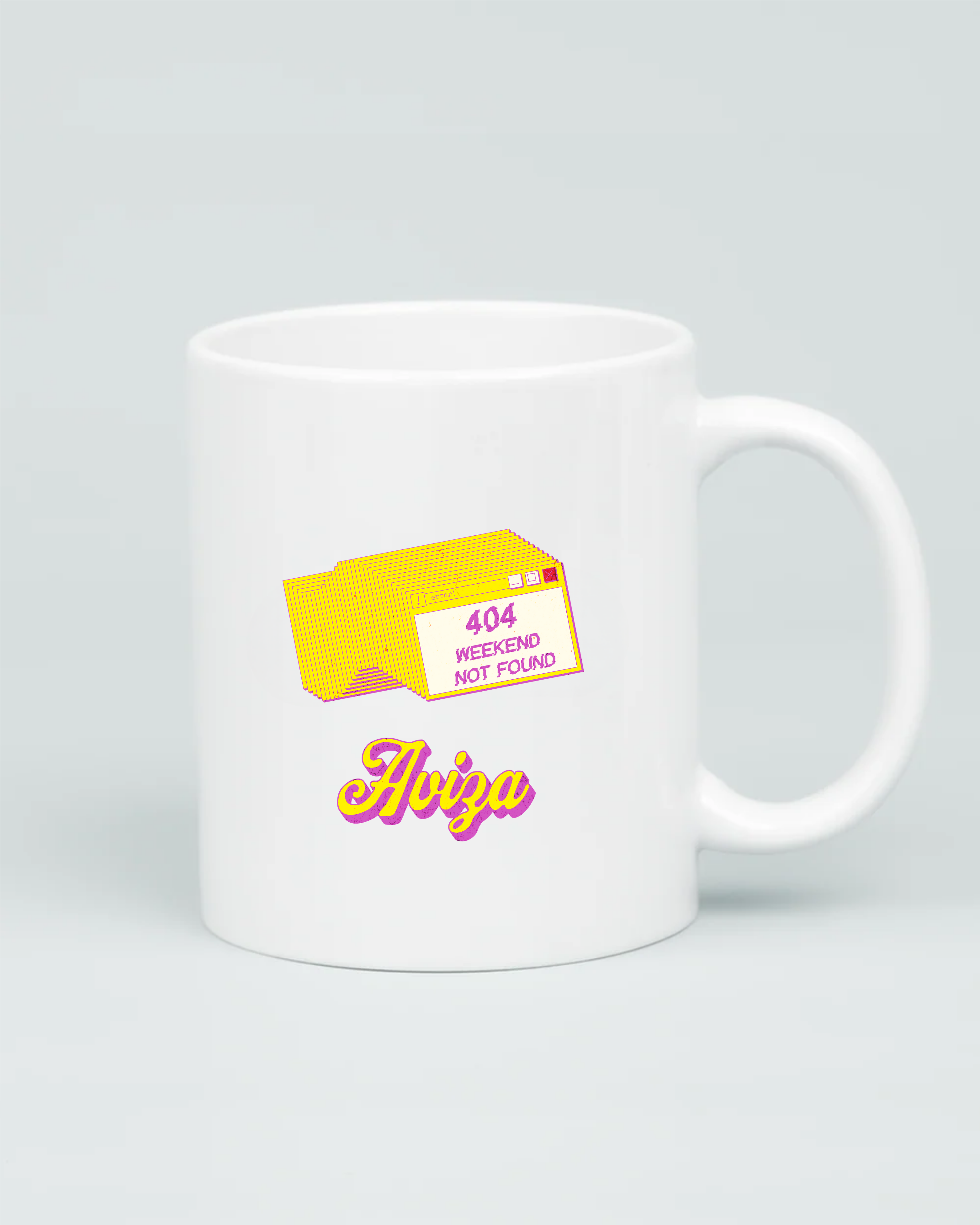 Back view of Aviza mug featuring a yellow stacked window graphic that reads '404 Weekend Not Found' in pink text with the Aviza logo.