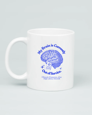 Aviza Out of Service Brain Mug featuring a blue pixelated brain graphic with a 'Do Not Disturb' sign and text reading 'Network Connection Lost (High Latency Detected)