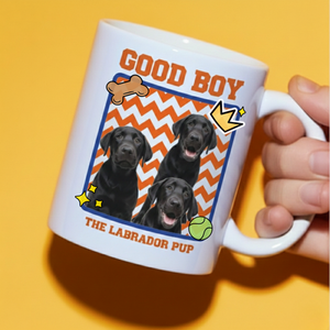 Customizable white ceramic mug from Aviza featuring three black Labrador Retriever photos with 'Good Boy' text on a vibrant orange and yellow background.