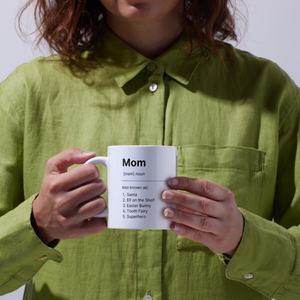 Aviza Custom Mom Definition Mug featuring a funny dictionary-style layout and a personalized photo option on a premium white ceramic base.