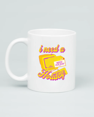 Aviza I Need A Holiday Mug featuring a pink and yellow retro computer illustration with stacked windows and 70s-style groovy typography.