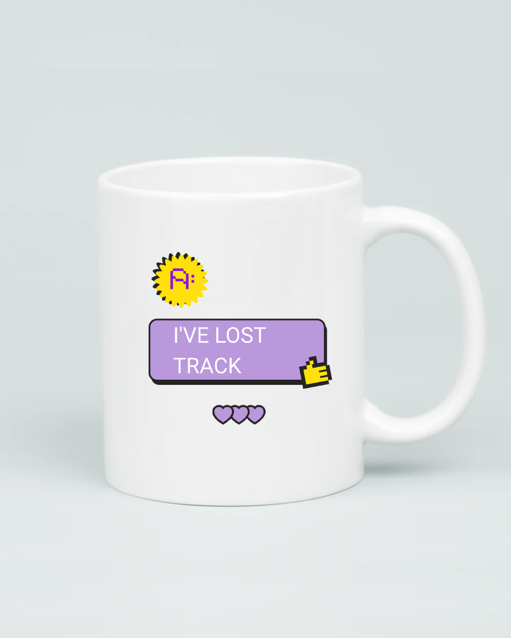 Aviza What Day Is It Mug featuring a purple pixel-style notification box that reads 'I've Lost Track' with yellow cursor and heart icons.