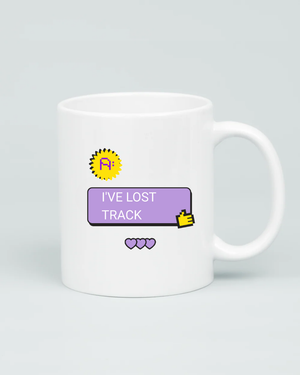 Aviza What Day Is It Mug featuring a purple pixel-style notification box that reads 'I've Lost Track' with yellow cursor and heart icons.