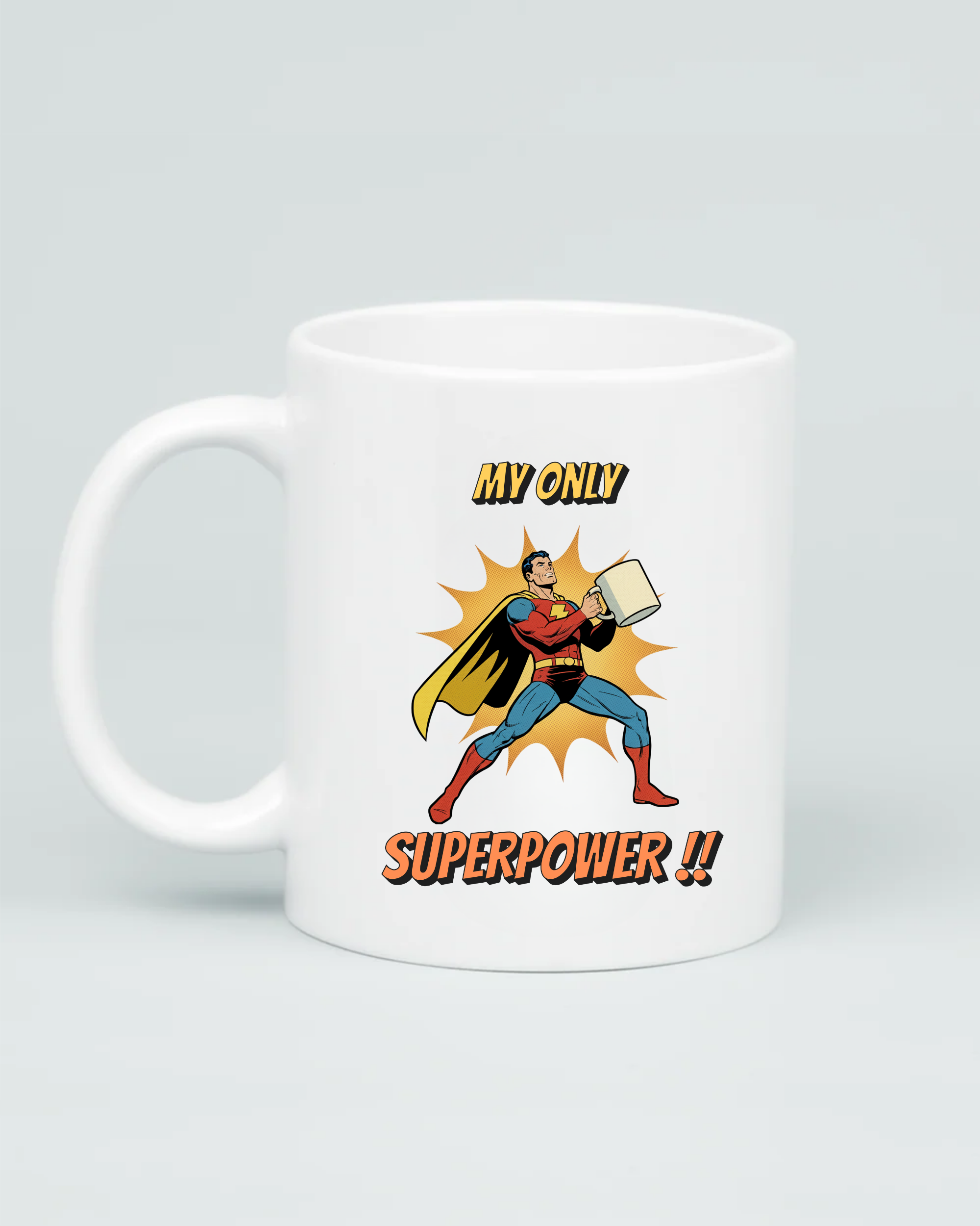 Aviza mug featuring a retro comic-style superhero holding a mug with a power burst background and text reading 'MY ONLY SUPERPOWER!!'.