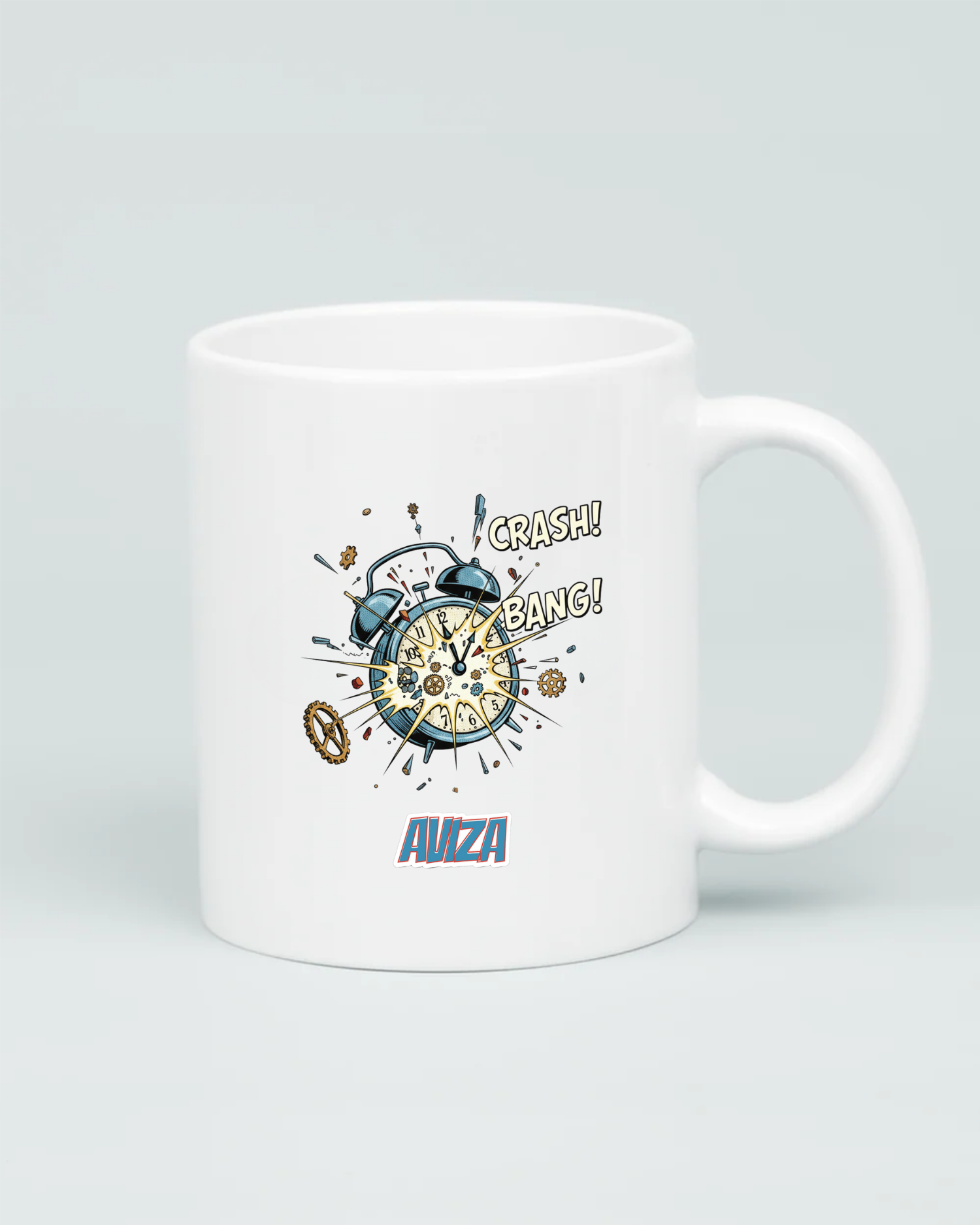 Back view of Aviza mug showing a detailed comic-book explosion of an alarm clock with gears, lightning bolts, and 'CRASH! BANG!' text.