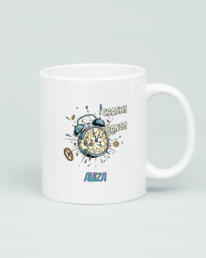 Back view of Aviza mug showing a detailed comic-book explosion of an alarm clock with gears, lightning bolts, and 'CRASH! BANG!' text.