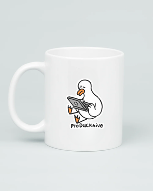White ceramic coffee mug featuring a cartoon duck using a laptop with the punny text ProDUCKtive underneath, isolated on a light grey background.