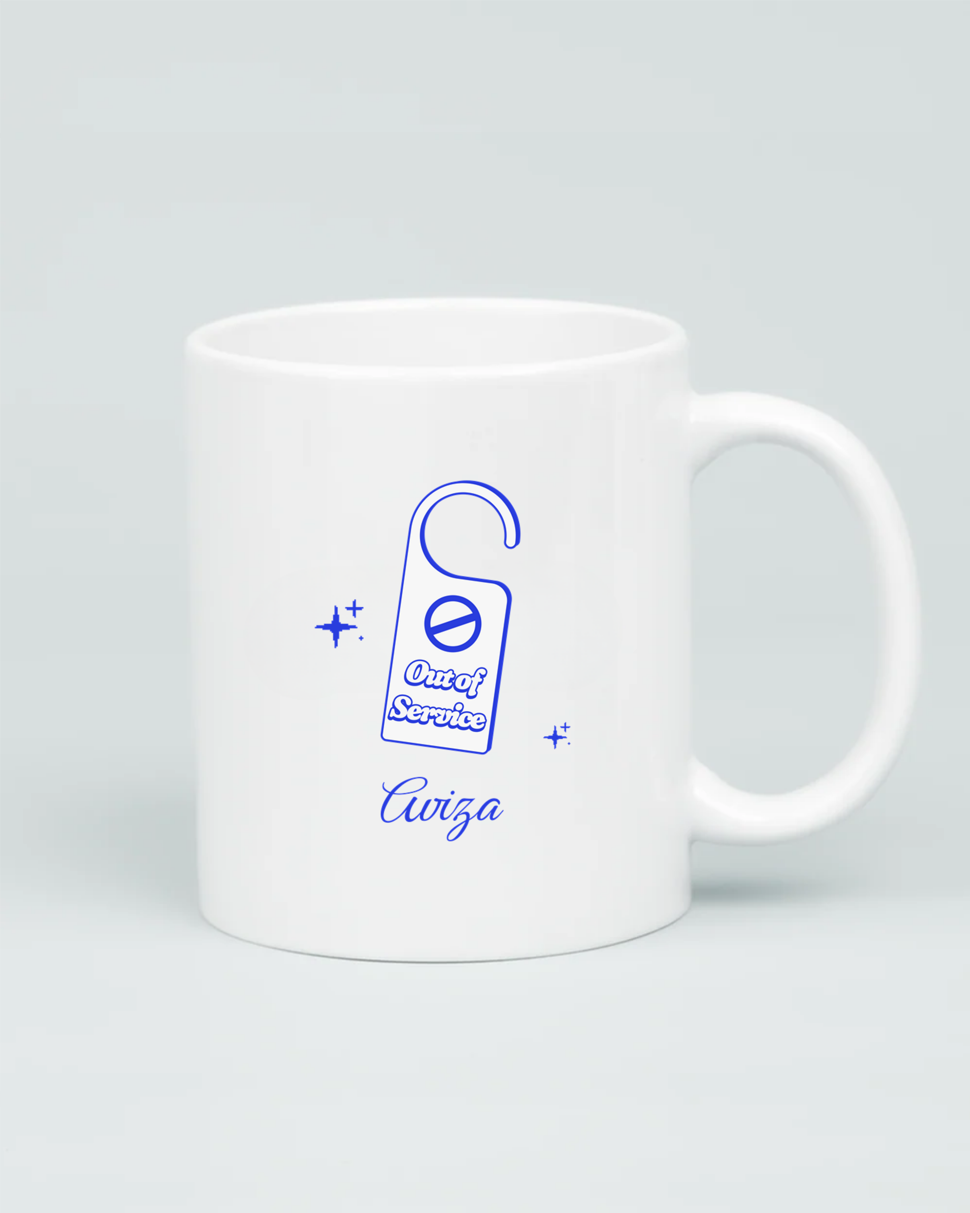 Back view of Aviza blue graphic mug featuring a 'Do Not Disturb' door hanger sign with stars and the cursive Aviza brand logo.