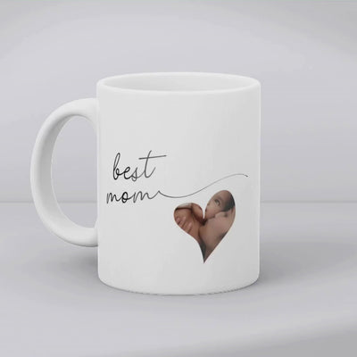 Aviza Custom Heart Photo Mug featuring 'World's Best Mom' elegant script and a personalized heart-shaped photo window on a white ceramic mug.