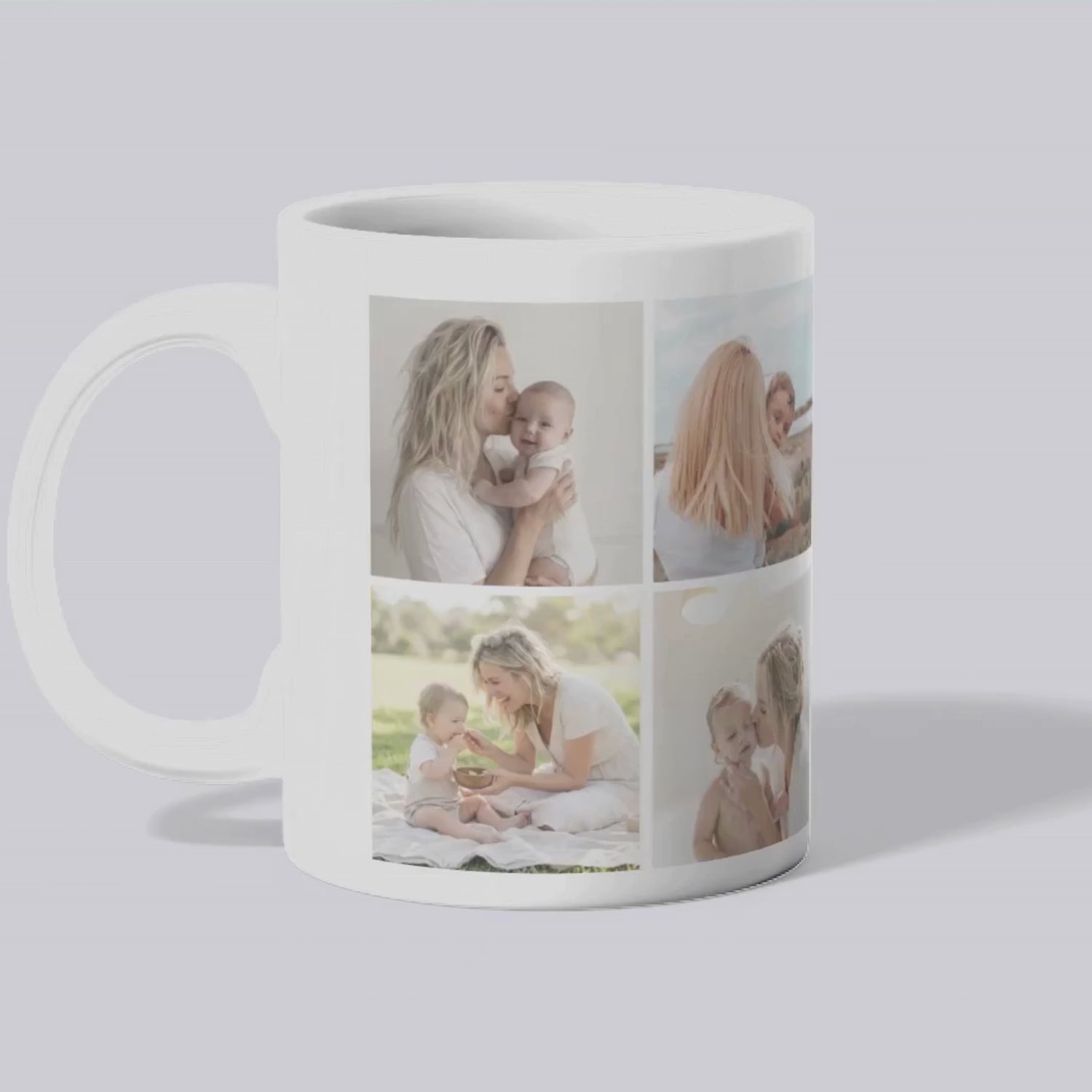 Aviza Custom Photo Collage Mug showing a 4-photo grid on one side and 'World's Best Mummy Est 2025' elegant script on the other.
