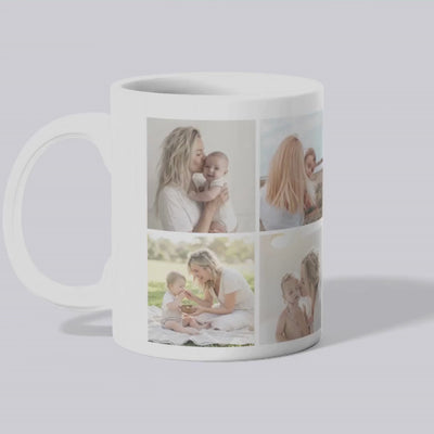 Aviza Custom Photo Collage Mug showing a 4-photo grid on one side and 'World's Best Mummy Est 2025' elegant script on the other.