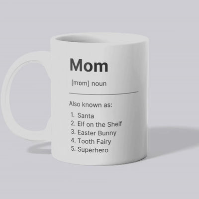 Aviza Custom Mom Definition Mug featuring a funny dictionary-style layout and a personalized photo option on a premium white ceramic base.