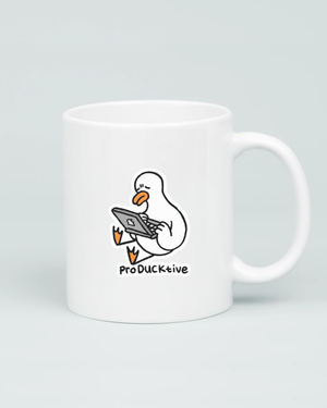 White ceramic coffee mug featuring a cartoon duck using a laptop with the punny text ProDUCKtive underneath, isolated on a light grey background.