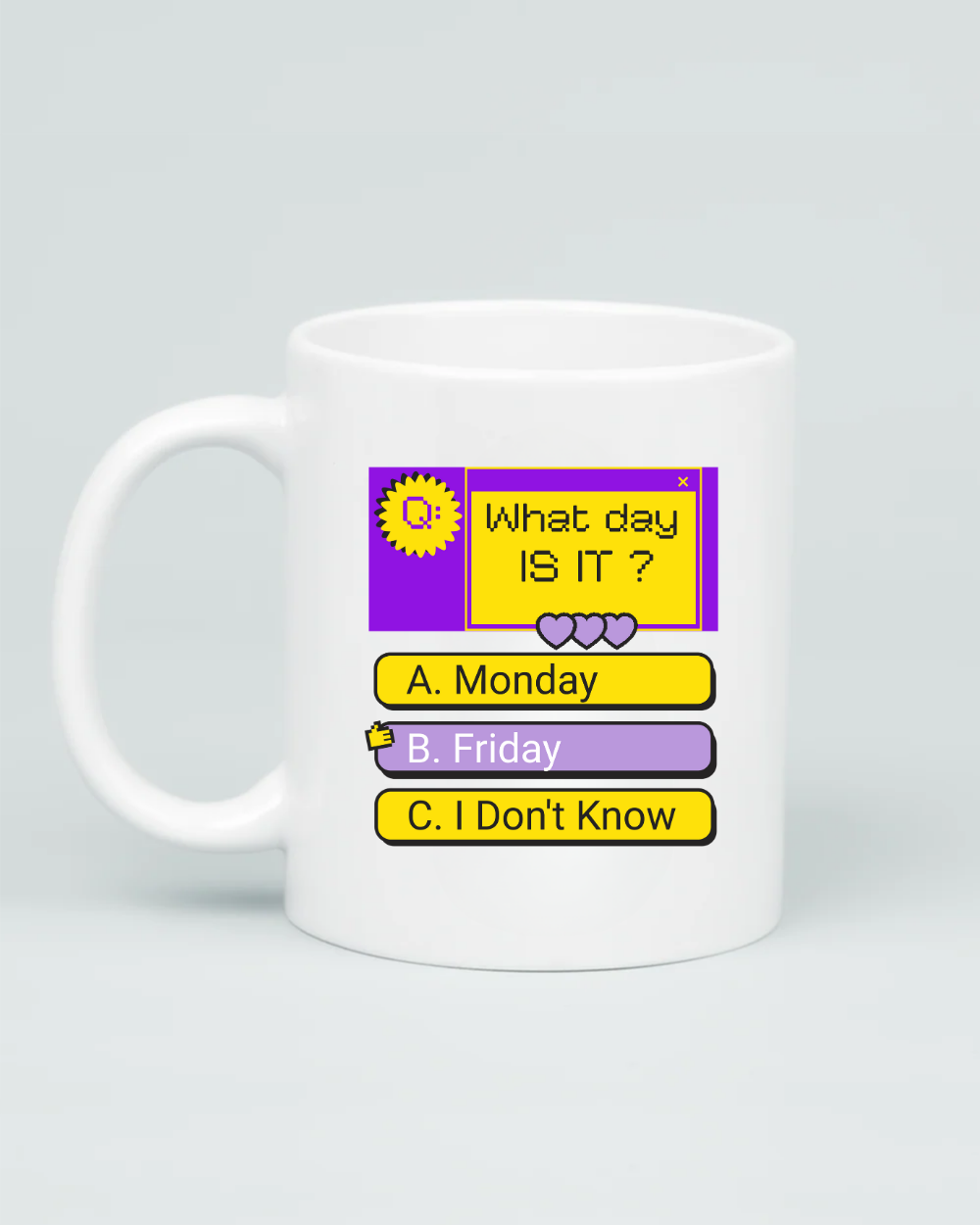 Back view of Aviza pixel art mug showing a purple and yellow computer popup window with multiple choice answers A, B, and C.