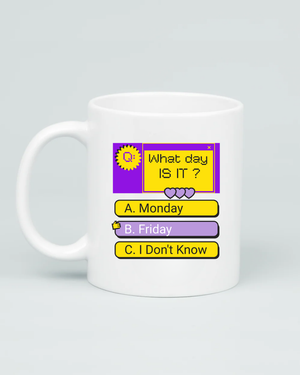 Back view of Aviza pixel art mug showing a purple and yellow computer popup window with multiple choice answers A, B, and C.